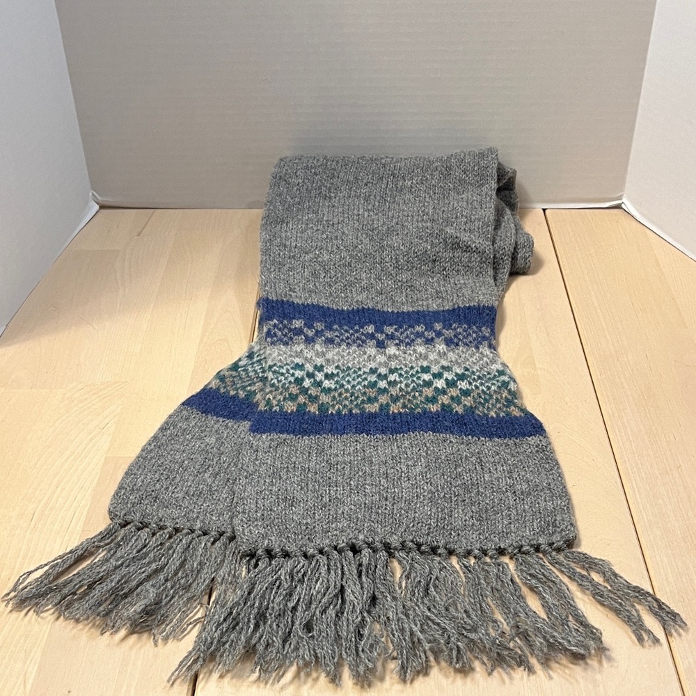 Pendleton Gray Wool Scarf with Blue and Green Fair Isle Pattern